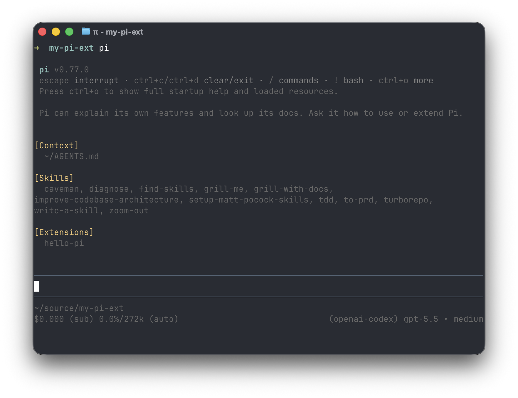 pi tui showing the hello-pi extension loaded