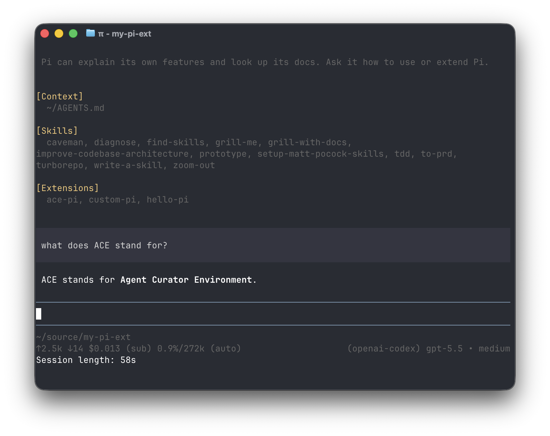 pi session showing the agent answering a question about the ACE memory system with the empty playbook injected
