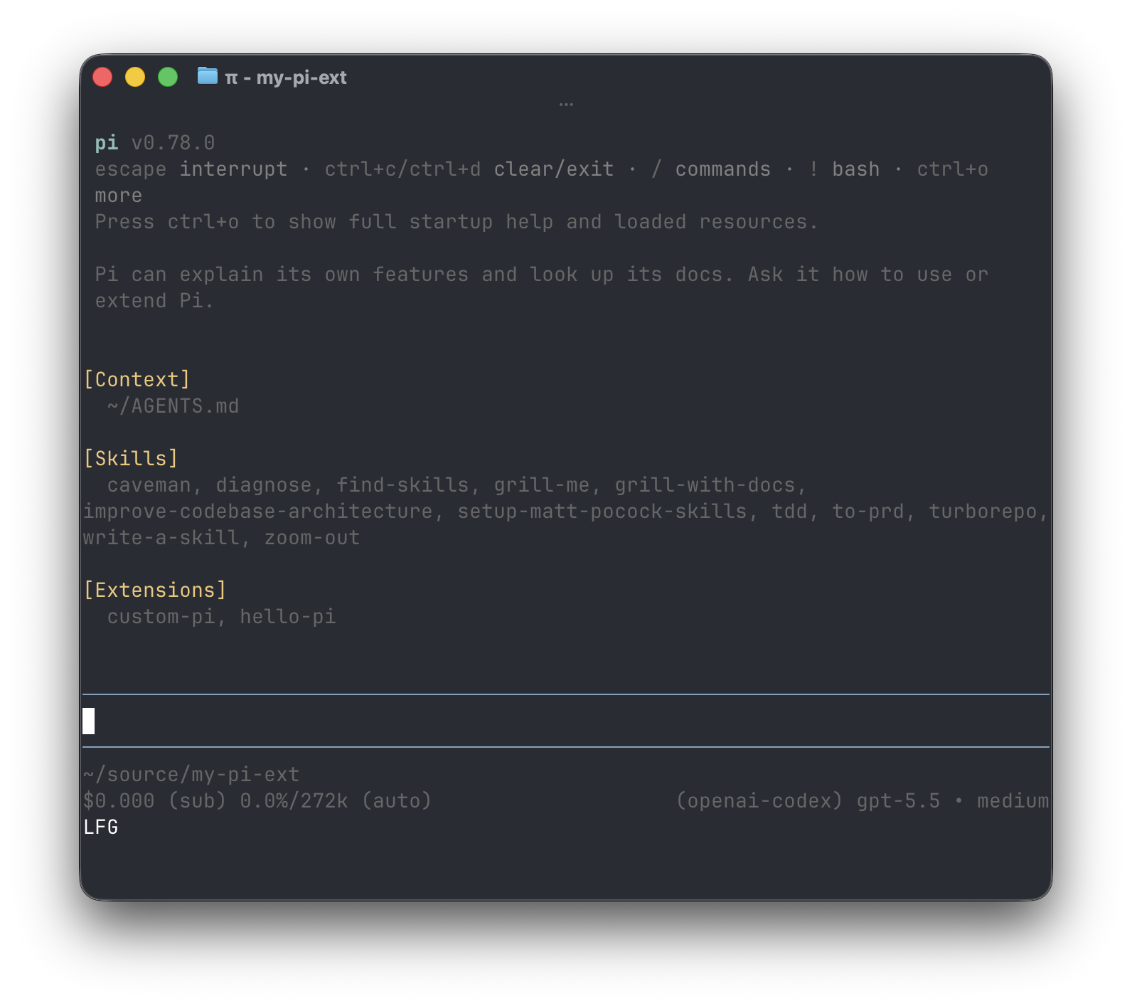pi tui showing the LFG custom status