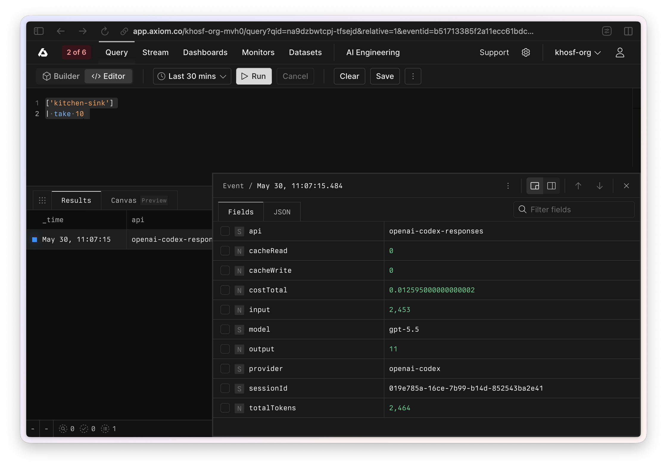 axiom web UI showing an ingested event from the extension