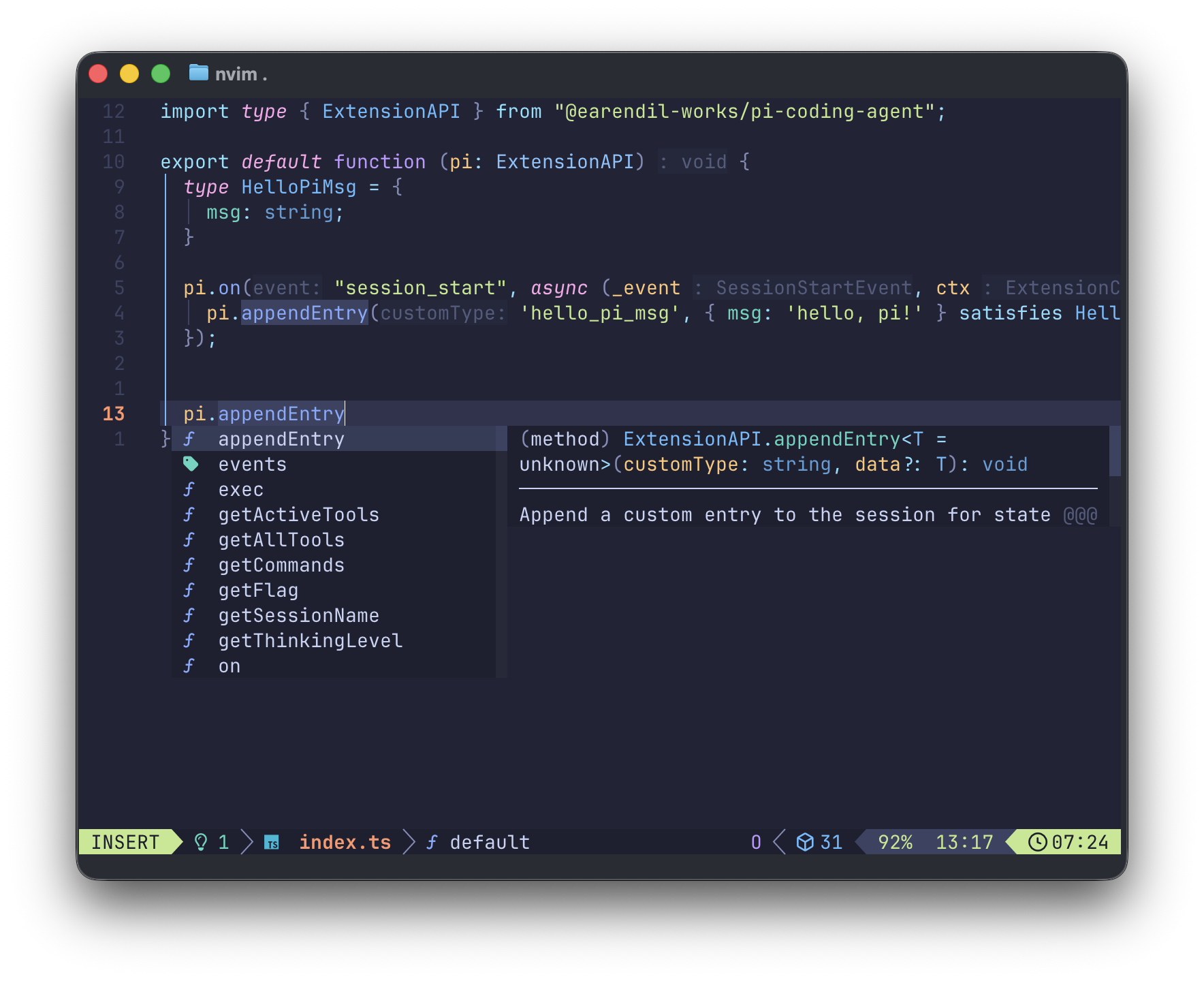 IDE showing session context completions on the extension callback